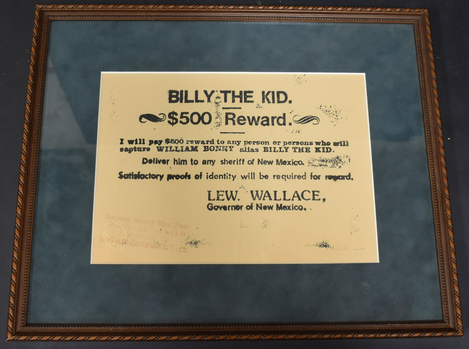 Billy the Kid Reward Broadside: Issued by Lew Wallace Governor of New Mexico $500 reward for capture ofWilliam Bonny, Billy the Kid. Framed.