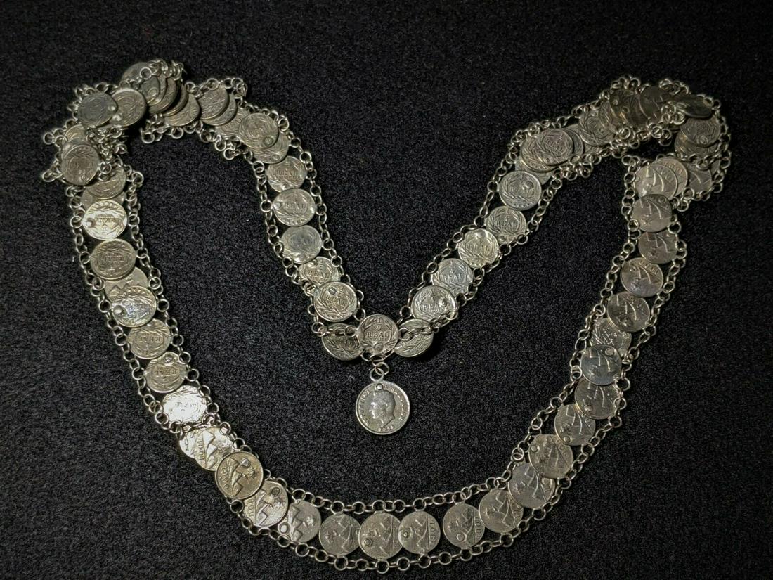 Antique Silver Coin GirdleÂ Â: Hand crafted sometime less than120 years ago, a rare long girdle consisting of 95 silver appearing coins, dates are mostly all 1900 and 1901, El Salvador or Guatamala, Central America. All attached to