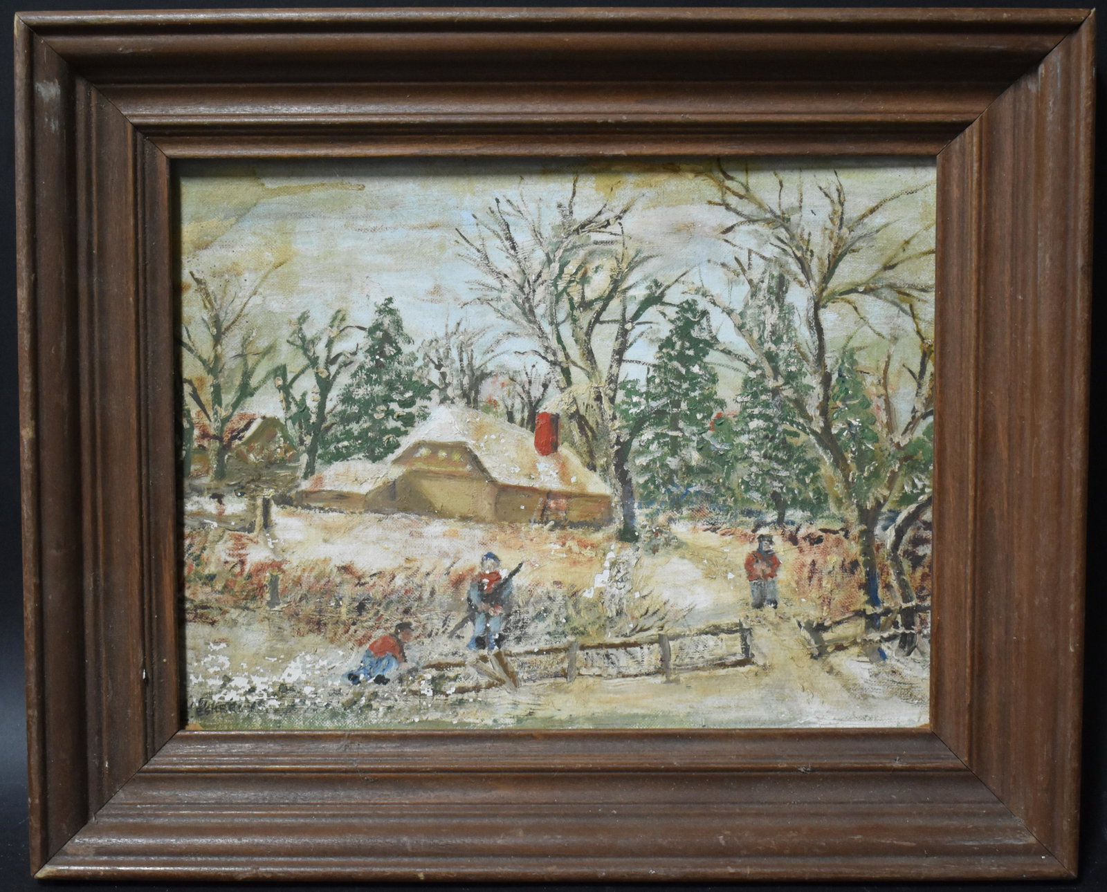 Early Am. Prim. Oil on Board: "Building a Fence".Image Size 9"H x 12"W.****This, an item from a local elder, older than his 60 years, up until this past month, a very active, eclectic and constant collector. Responding to recent h