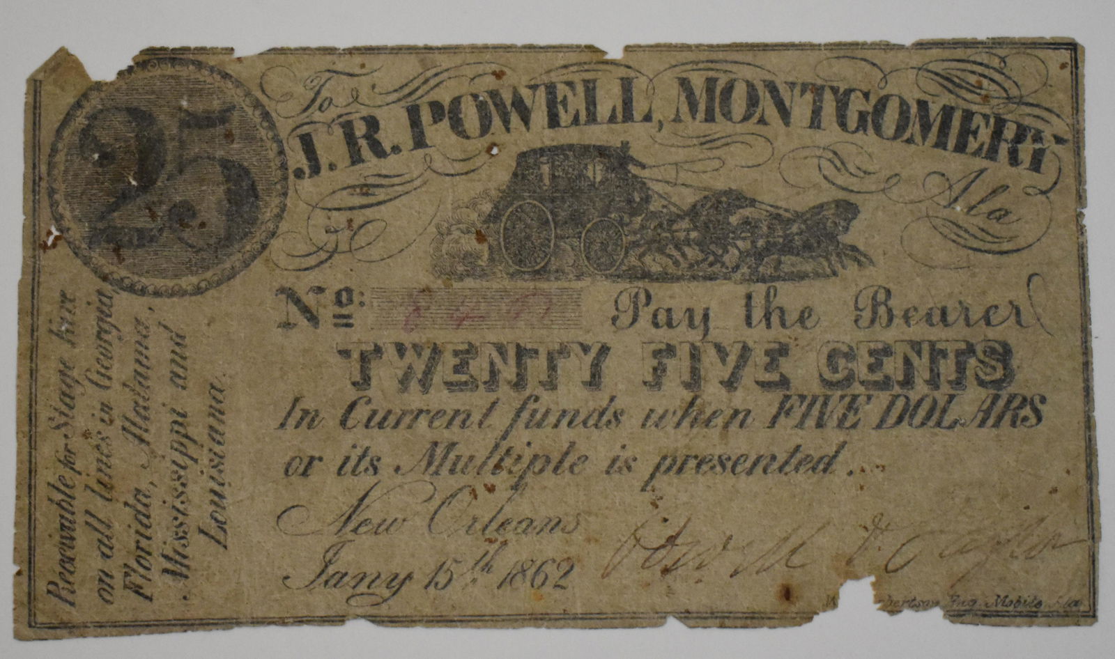 Stage Coach 25 Cent Ticket 1862: Fragile As is condition commensurate with age.