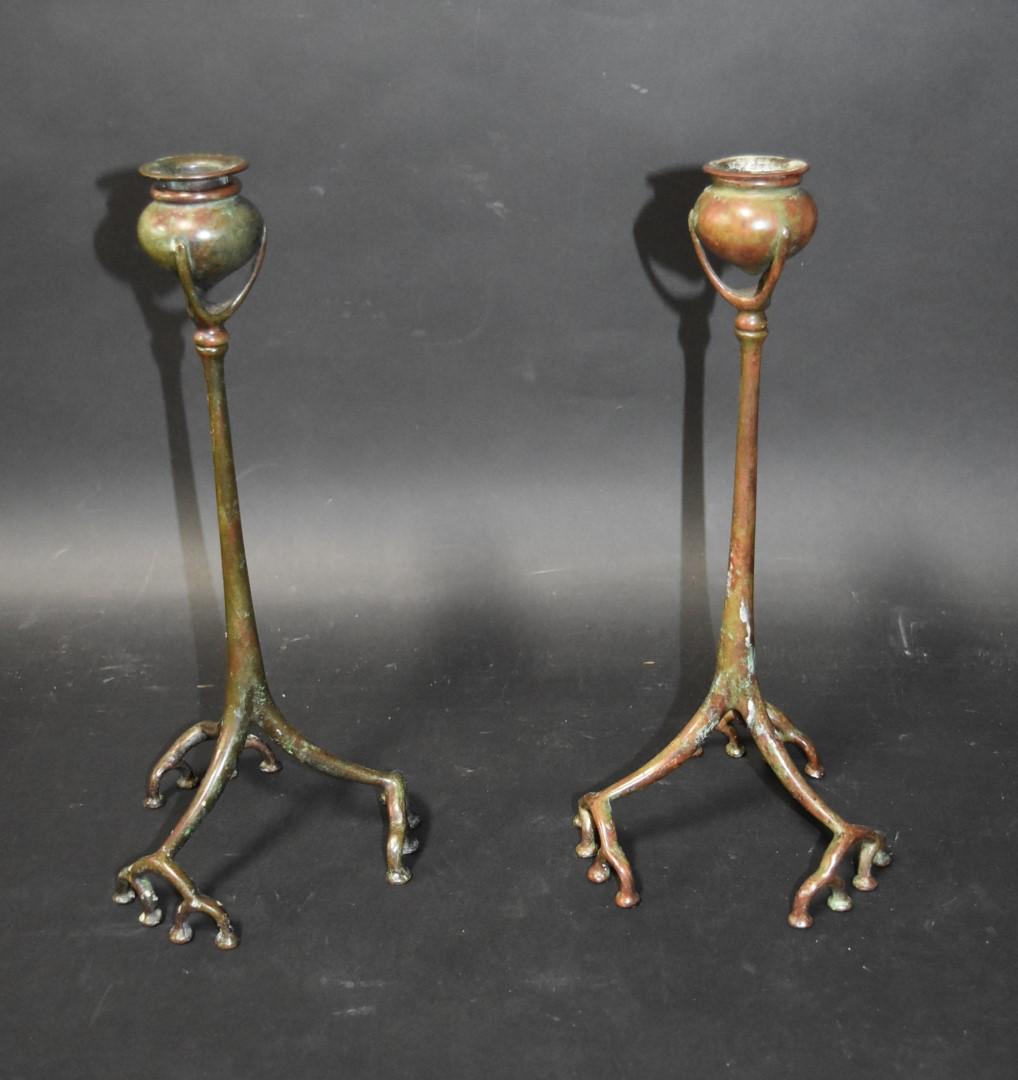 Tiffany & Co. Bronze Candlesticks: Tiffany & Co New York and numbered. Chocolate brown patina. Removeable bobeches. Signed Tiffany Studios NY and numbered. Root bades 16"H
