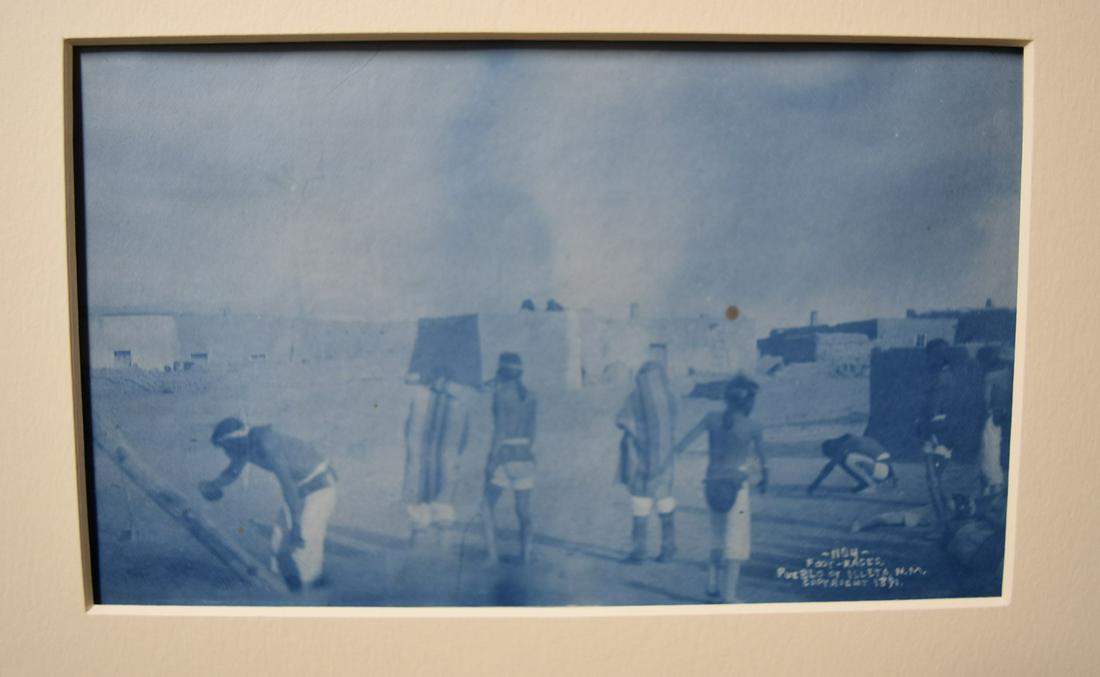 Charles Lummis Cyanotype Print: Pasadena Calif. Foot Races Pueblo of Isleta New Mexico Copyright 1891 Original Cyanotype Print. Sgd dated and copyrighted in the negative. 4" x 6.5" Overall 16" x 14"