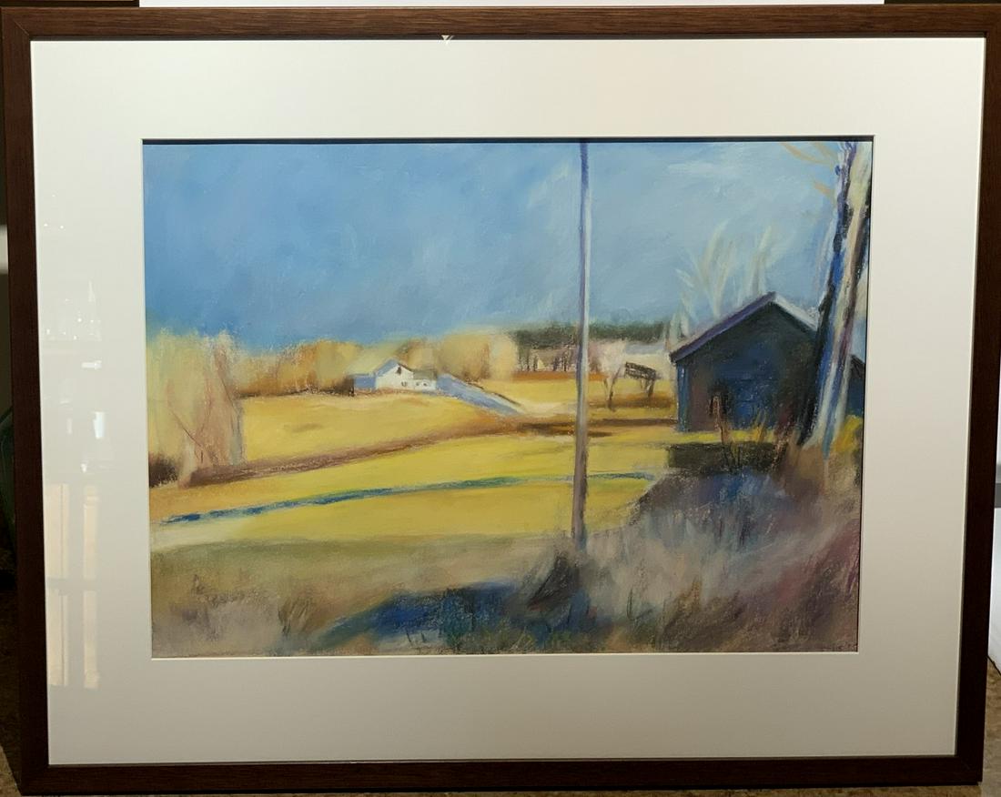 Wolf Kahn; 20thC. American Pastel Signed: Pastel on paper.Farm Landscape. Signed lower center and dated '74(?); 14in. X 19.5in.(image size) 21.5in. X 26.75in.(overall)