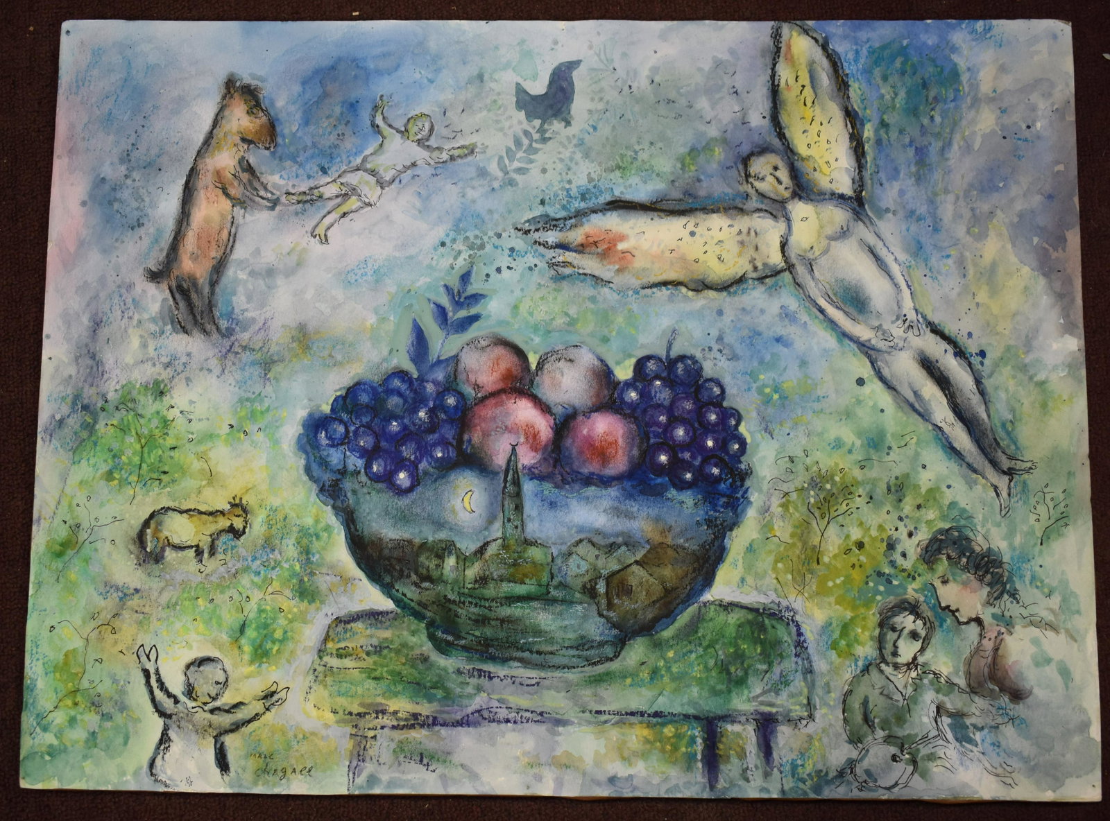 Mix Media Painting After Marc Chagall: Paper Backed on Canvas Size 18"H x 24"W