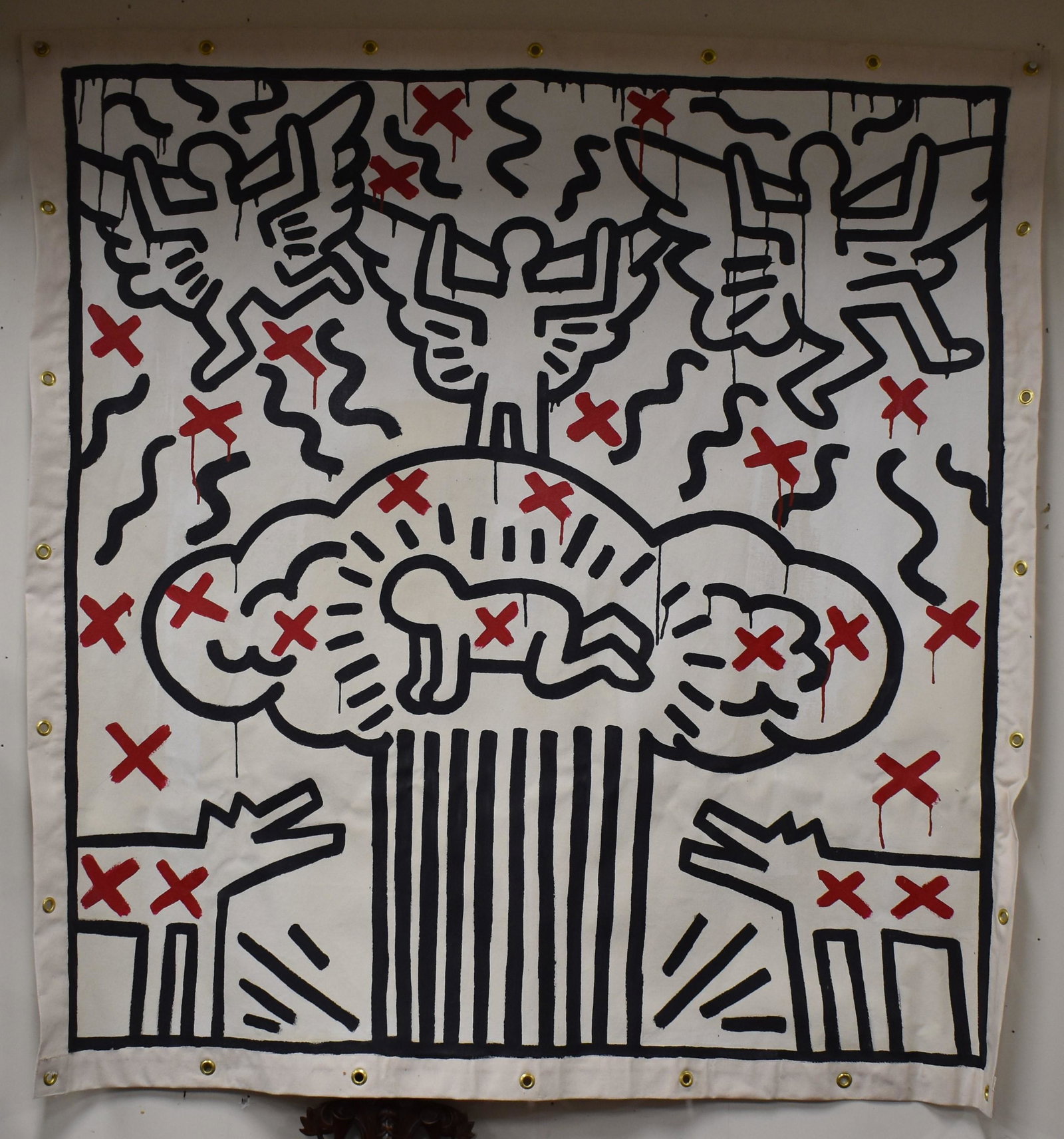 ATTR: Keith Haring Painted Banner: Painted on burlap size 54"H x 51"W
