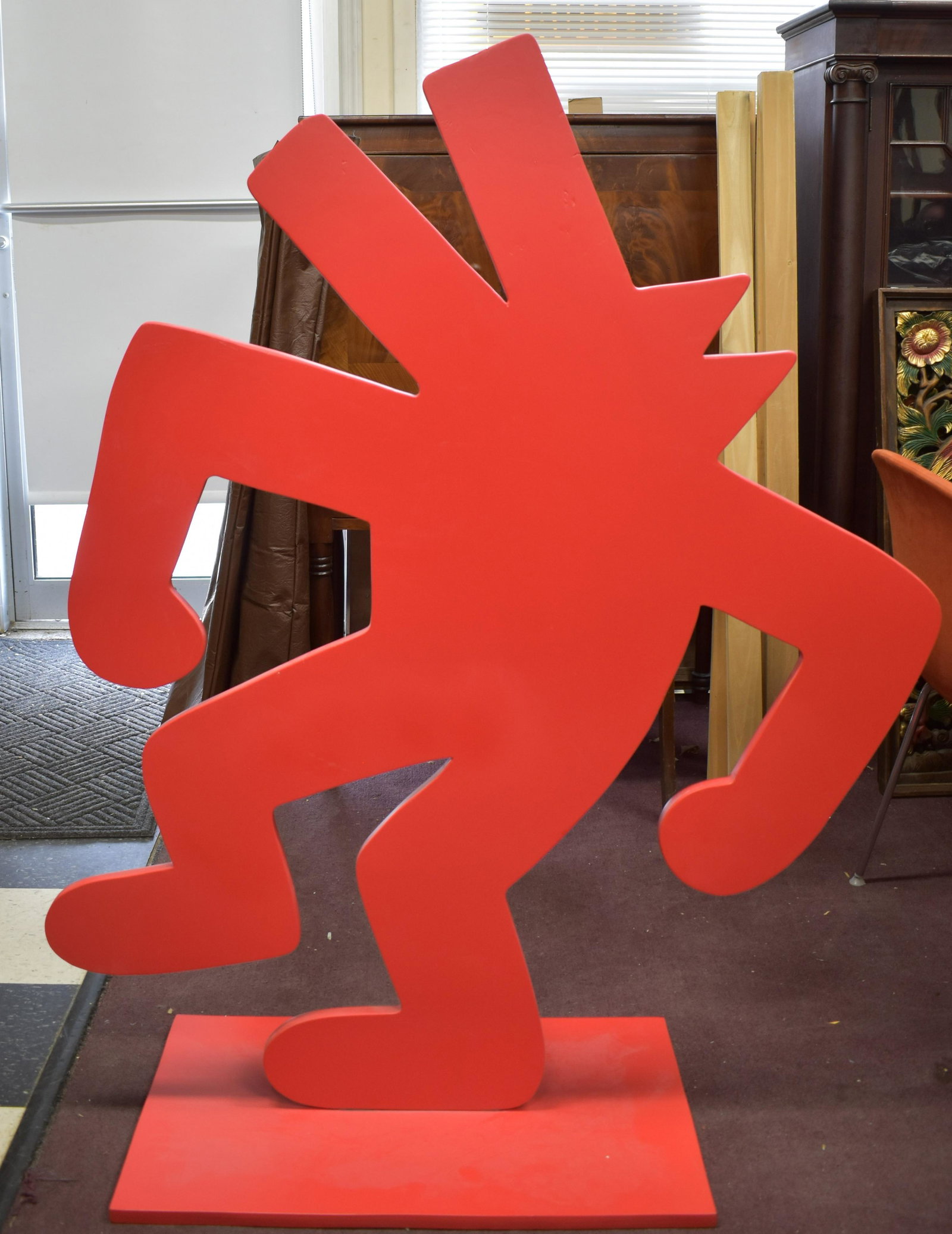 ATTR: Keith Haring Painted Dog on Wood: size 52"H x 40"W