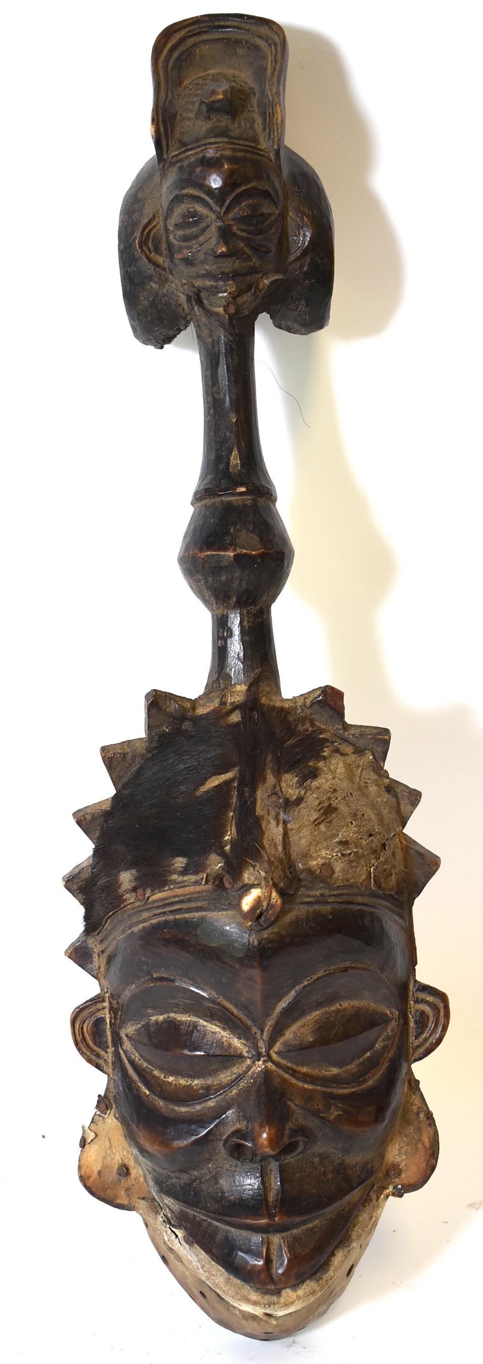 Antique Chokwe Initiation Mask: Hair and Hide Attachments. Strong Carving 22"