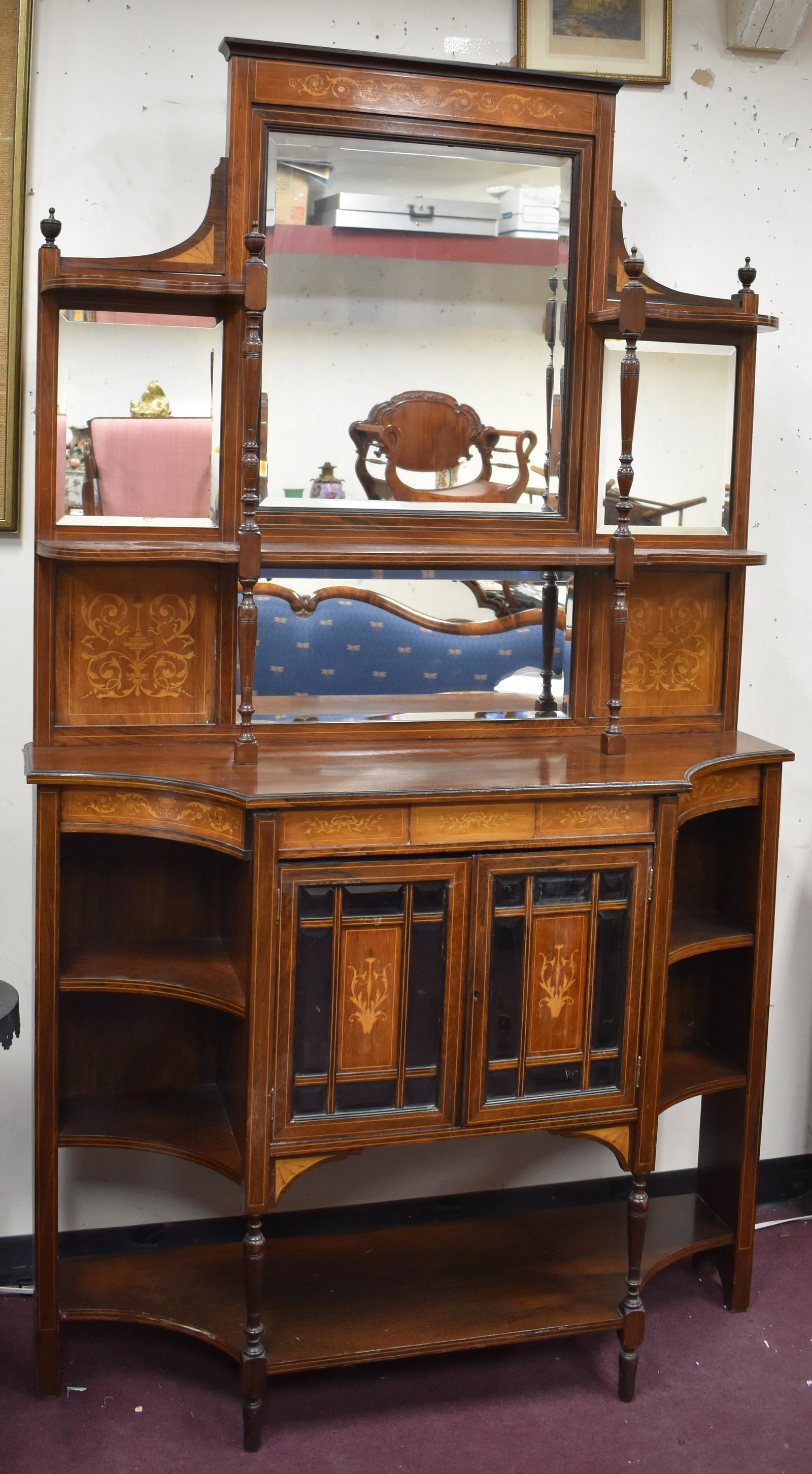 Edwardian Rosewood Etagere: Edwardian Rosewood Etagere, inlaid front and side panels. Size 82 1/4 x 48 1/4 x 15 3/4 in.