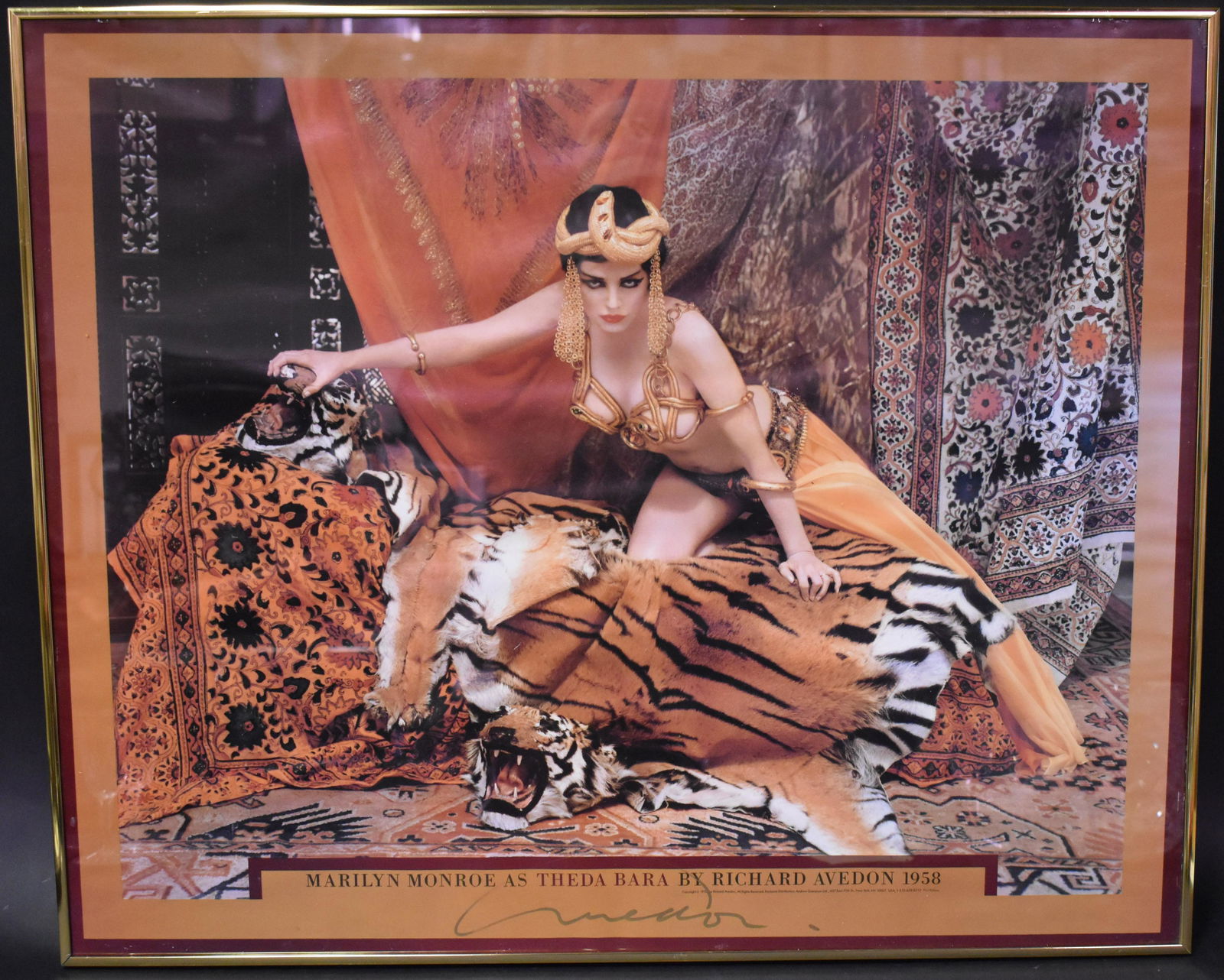 Rare Richard Avedon Sgd. Poster. Marilyn Monroe: Marilyn Monroe As Theda Bara by Richard Avedon in 1958. Signed in the Middle in gold sharpie Avedon. Distribution by Andrew Grenshaw. First Edition. Overall size 23"H x 28"W