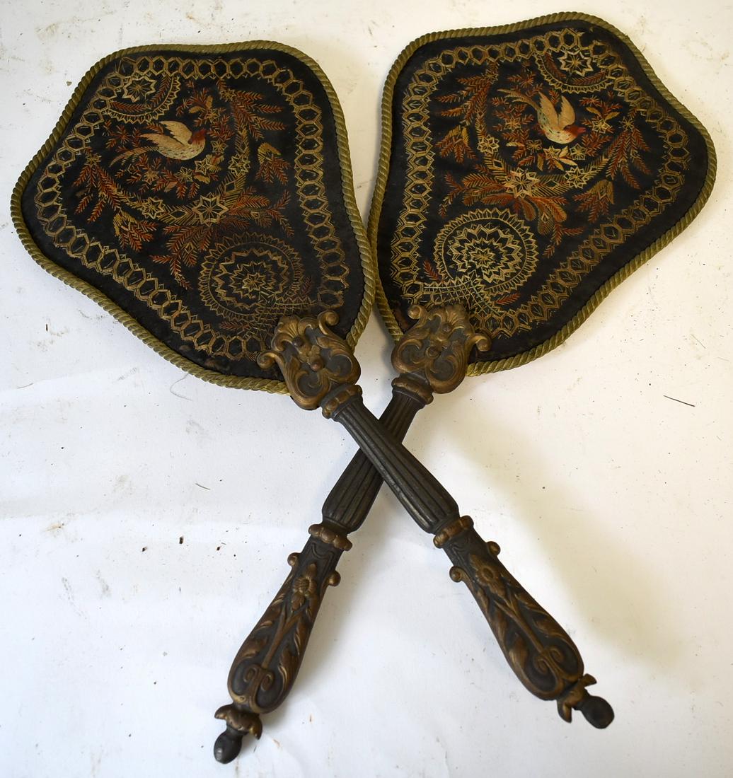 19th C. Needlework Fans: Unusual. Fashioned as dresser hand mirrors would be 16 1/2"L
