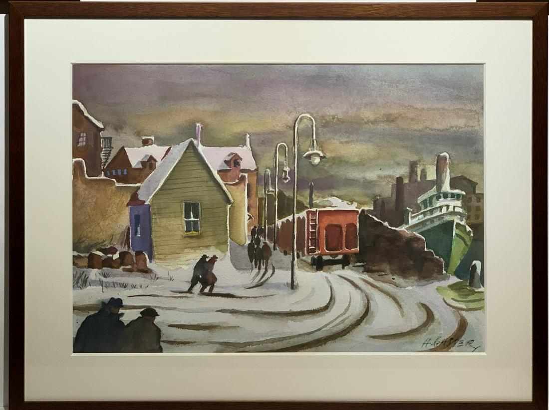 Henry Gasser; American Watercolor - Waterfront Scene: Watercolor on paper. New Jersey Waterfront Scene in Winter. Signed l.r.; 14.5in. X 21in.(image size)