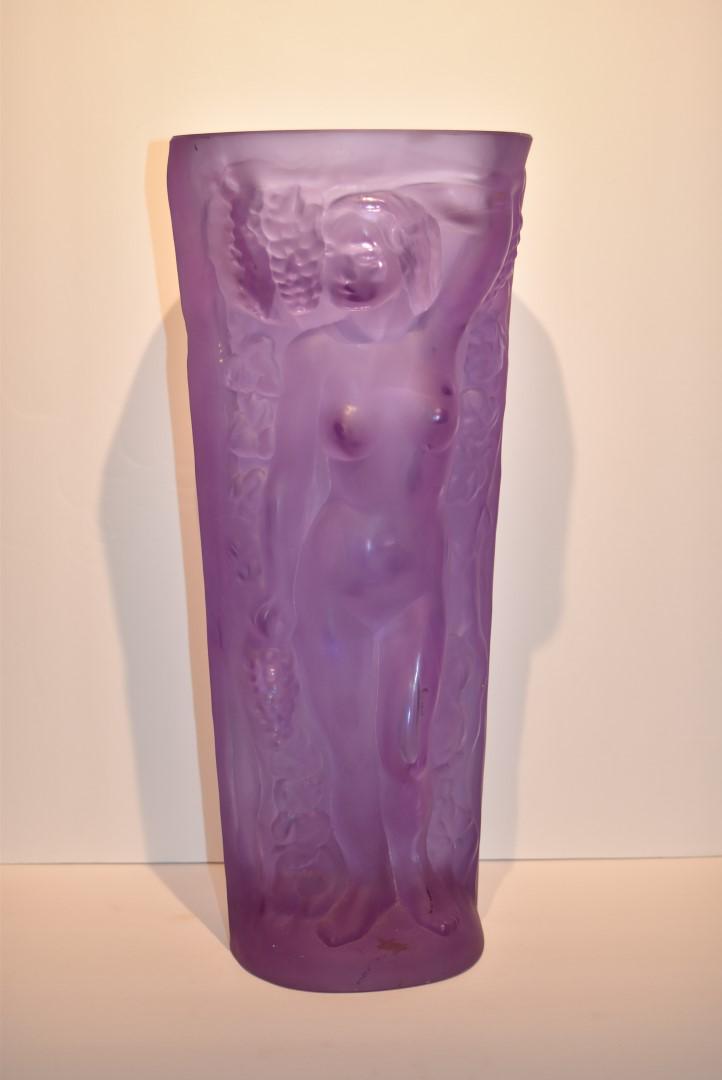 Czech Frosted Amethyst Art Deco Glass Vase: Heavy Czechoslovakian molded glass vase. Depicting nudes in a garden beneath grapevines. Frosted amethyst color; 16.5in.H. X 7in.W.