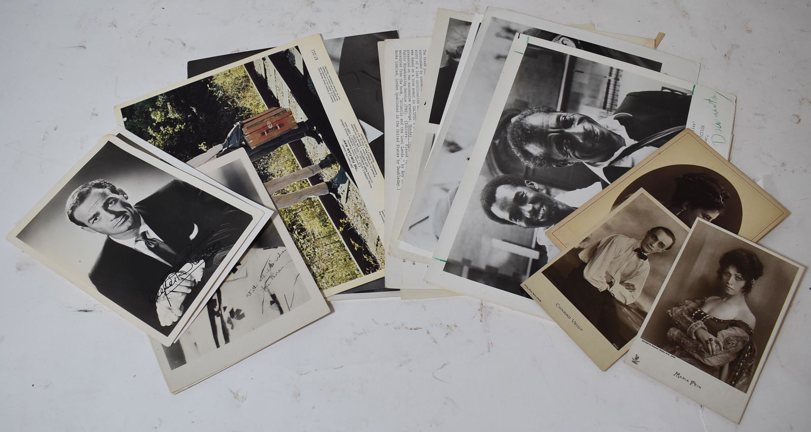 Varied Vintage Photograph Lot (Approx. 20): Autographed Photos of Orson Wells, Albert Stevens,Richard Derning, photo of Frank Mayo and in dress as Davy Crockett; Lora Moran; Jacob Javits by Bert Stern with credit stamp; colored publicity photo