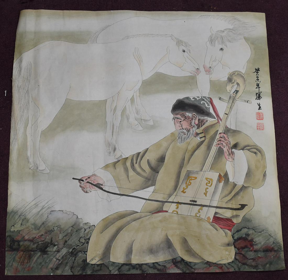 A Serenade to Horses, C. 1900, China: A Serenade to Horses, C. 1900, China A large square unframed, fine old Chinese ink brush and watercolor of an old sage playing a horse headed stringed instrument. Seated on rocks, his music attracts a