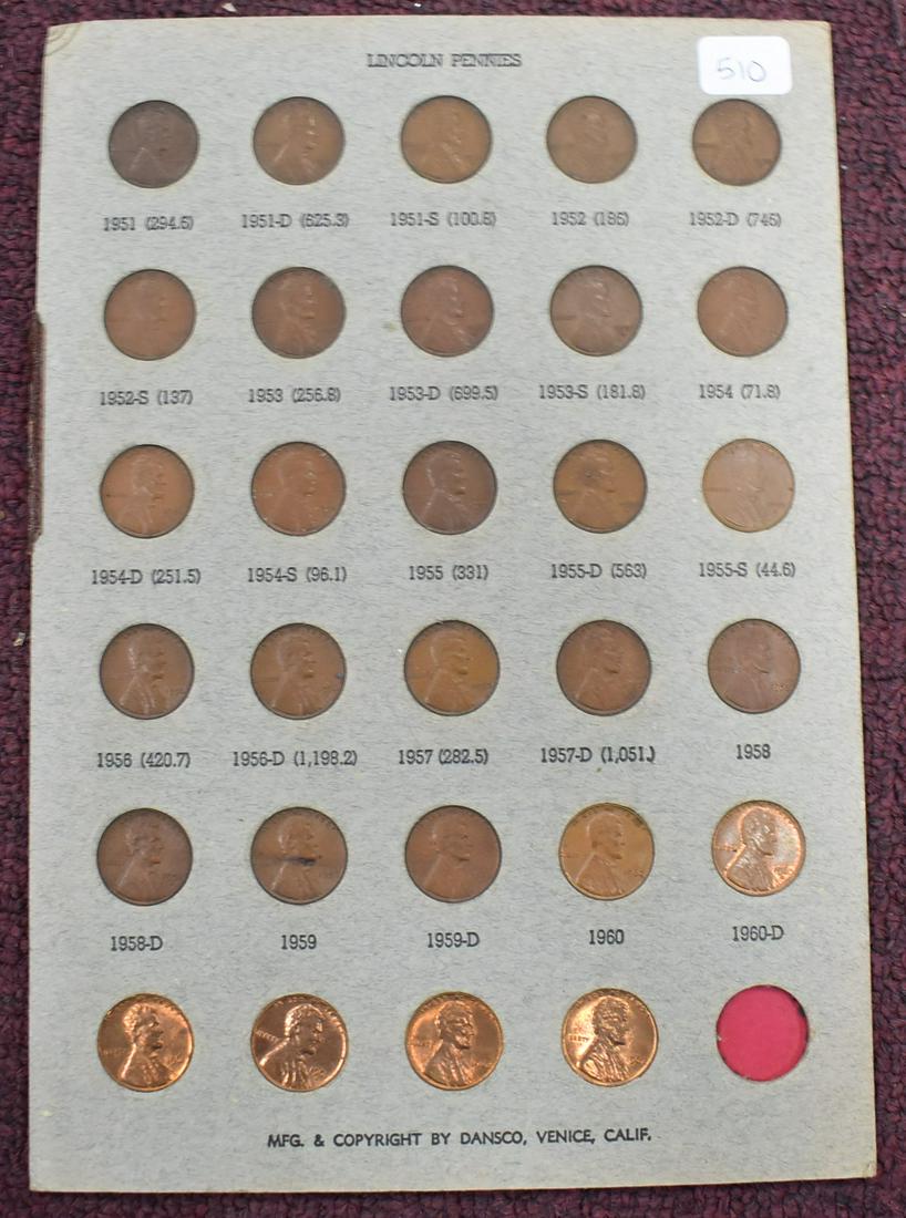 Lincoln Penny Board 1951-1960D: Complete with four extra pennies at the bottom. 2 for 1961, 2 for 1962.