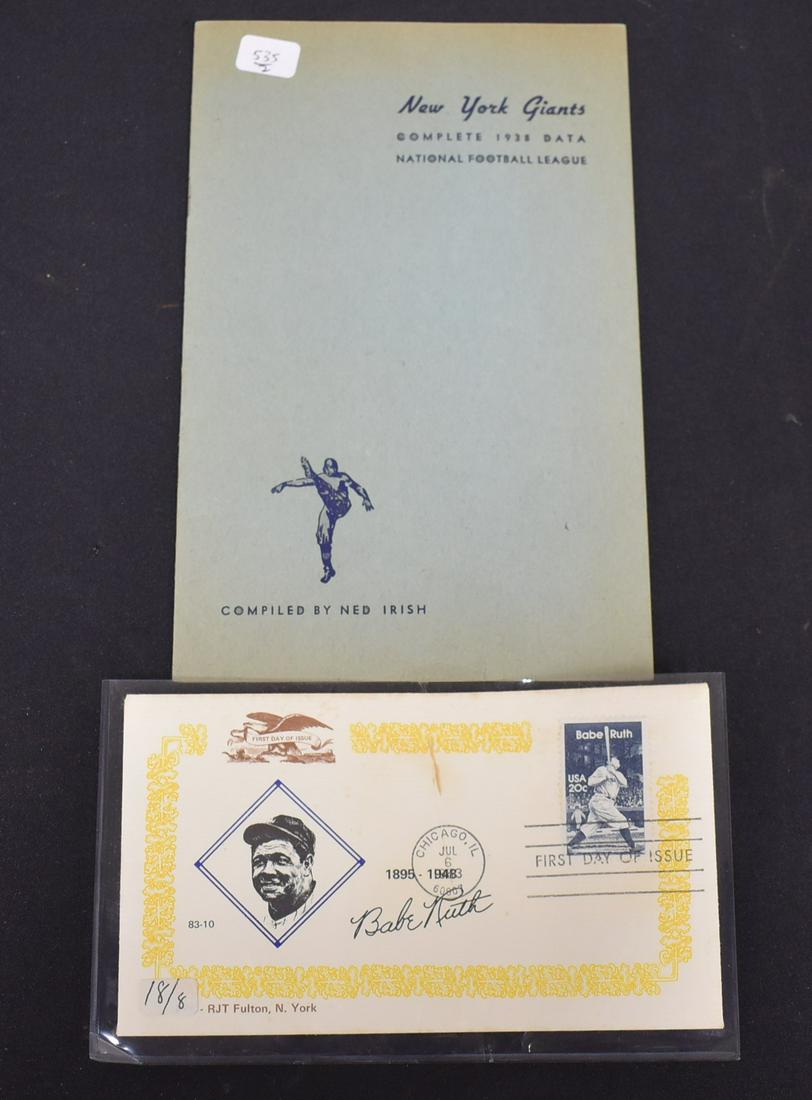 Babe Ruth ENV. & NY Giants, 1938 NFL Book: Babe Ruth first day of issue envelope with 20 cent stamp, and NY Giants 1938 NFL 14-page soft cover booklet compiled by Ned Irish. 2 items in the lot.