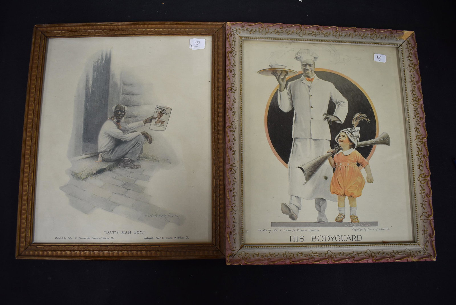 Original Cream of Wheat Advertisements by Brewer: Painted by Edw. V. Brewer for Cream of Wheat company \"His bodyguard\" and \"Dat\'s mah boy\" both copyrighted 1911. Framed.