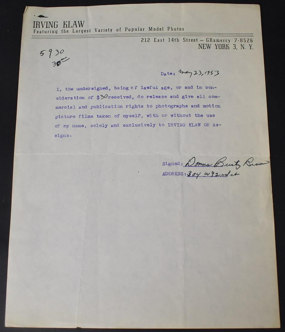Movie Star News Sgd. Model Contract: On Irving Klaw letterhead for 212 E. 14th St. Dated May 23 1953. Signed "Donna Busty Brown"; 8.5 x 11