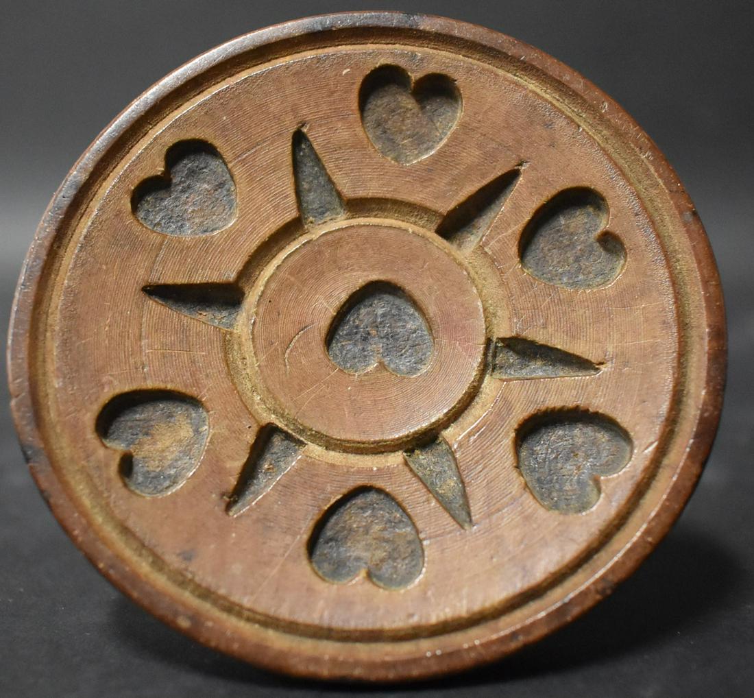 Rare Treenware Butter Press Hearts: 19th C. Americana. Provenance: Collection of Audrey "Dolly" and the late William "Billy" Journell, Leesburg, Va. 3.5" wide