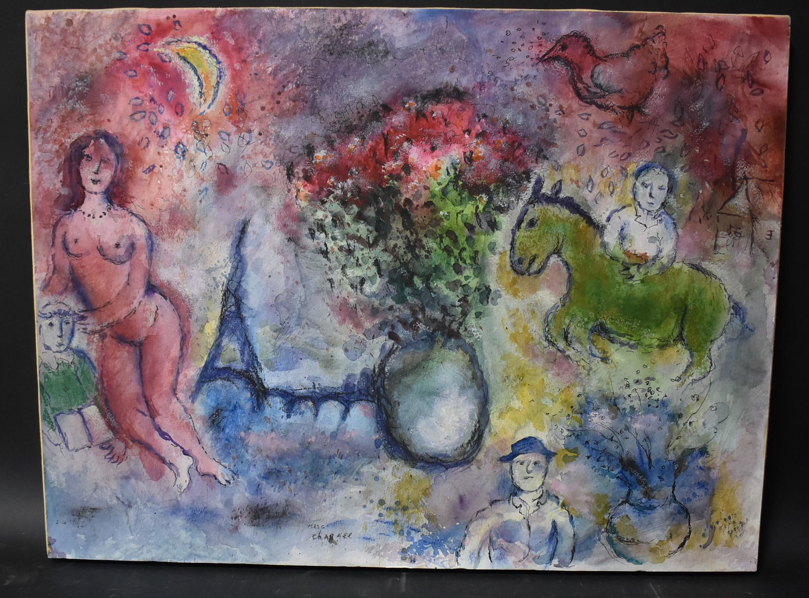 Abstract Pastels & Watercolor Stamped Chagall: Stamped Marc Chagall. Pastels and watercolor on paper laid onto canvas.18"H X 24"W