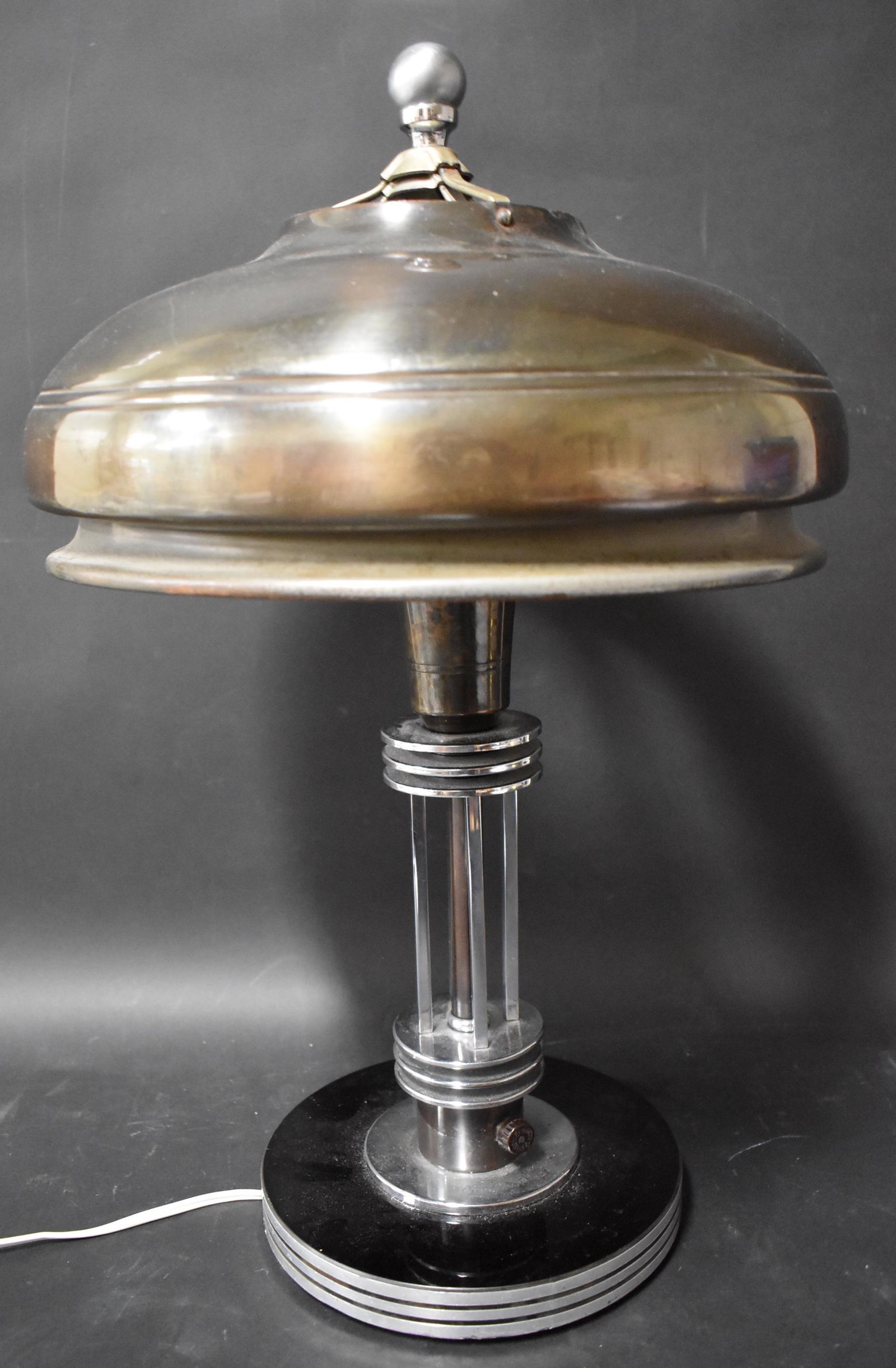 Art Deco Lamp. Bakelite Base.: Chromed Metal and Bake-Lite Base. 21"H x 12"W (shade)