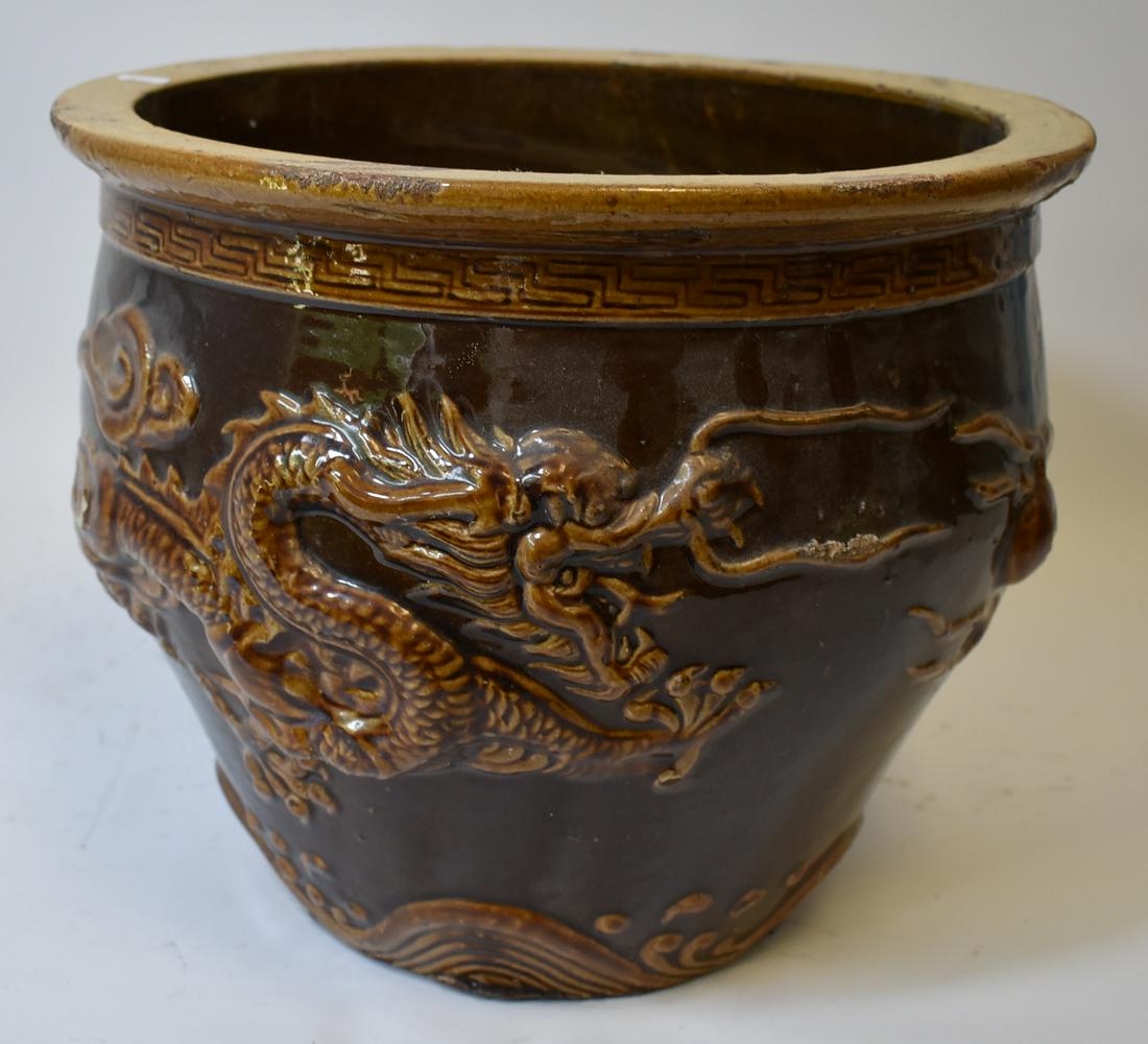 Oriental Earthenware Jardiniere: Dragon decorated 12 1/2"H. x 15"W.