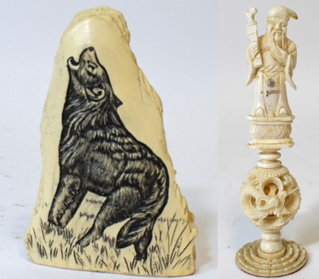 Collector's Lot. Wolf and Oriental Chess Pc (as is): The wolf is etched on natural pc. of Alaskan stone and the Oriental carved chess pc. is as is (needing reassembly)) Two items in the lot. 4 1/4"H.