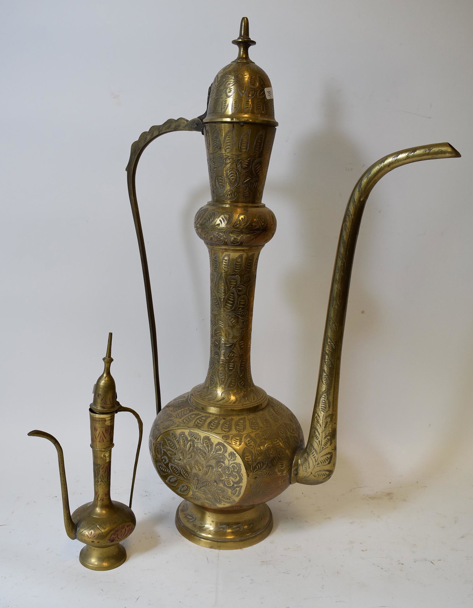 Large & Smaller Brass Persian Ewers: 11 3/4'H. and 26"H.