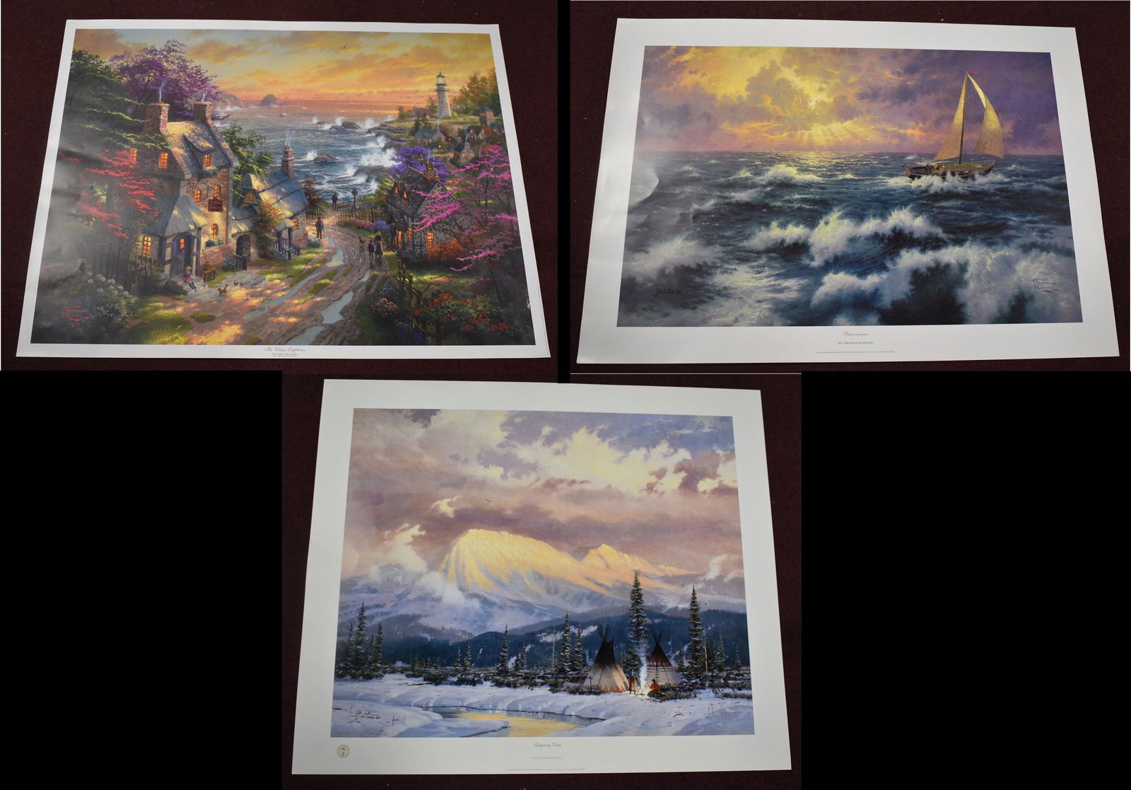 Thomas Kinkade Sgd. Ltd. Edition Prints (3): "Perserverance"Lmtd ed. 2142/2850 sgd. LR Overall Size 22x31; "Lingering Dusk", Lmtd ed. 1217/1350 sgd. LR Overall Size 24x28; "The Village Lighthouse", Lmtd ed. 615/975 sgd LL Overall Size 27.5x36