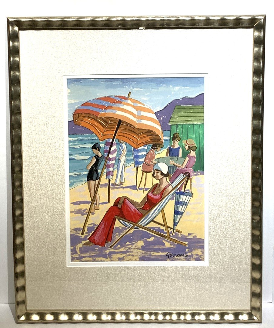 Isaac H. Grunewald; 20thC. Swedish Gouache Beach Scene: Isaac Hirsche Grunewald(Sweden, France, Norway 1889-1946); 20thC. Modernist gouache on paper. Beach Scene. Signed l.r.; 13.5 x 9.75(sight) (circa 1931)