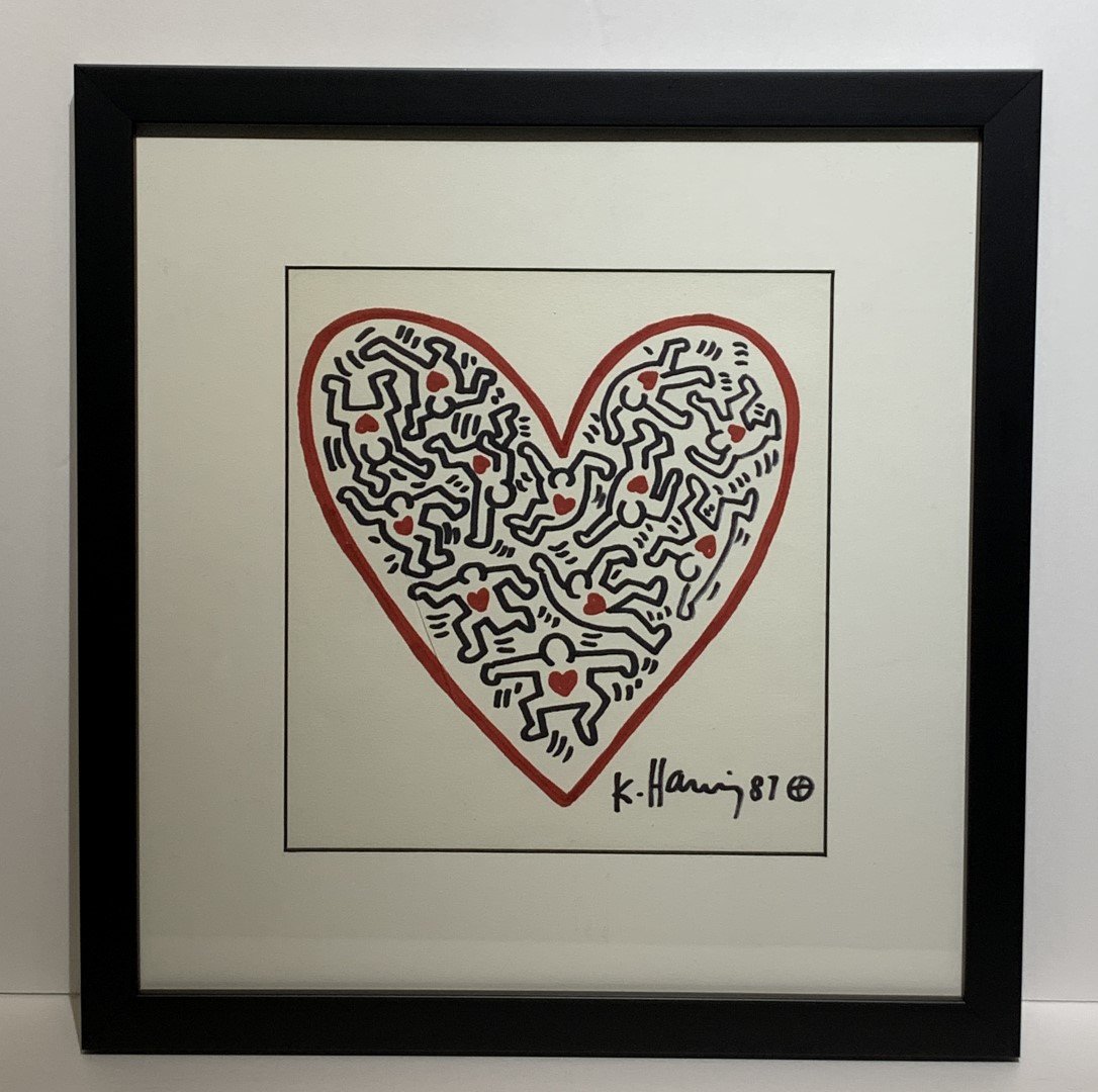 Keith Haring(after); 20thC. Contemporary Drawing Signed: Felt-tip pen on paper. Figures in a Heart. After Keith Haring. Signed lower right and dated '87; 8.5in. X 7.5in.(sight)