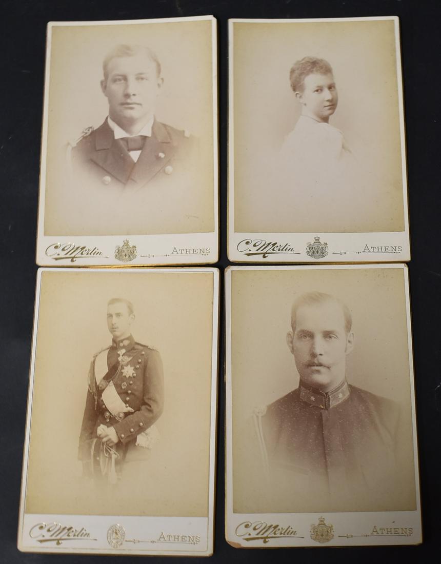Cabinet Cards of Royalty (4): Prince Nicholas of Greece, 1894; Crown prince of Greece, Constantin, 1894; Prince Georges, 1894; and Princess Marie, 1894. All taken in Athens at Merlin Studios. 4.25" x 6.5"