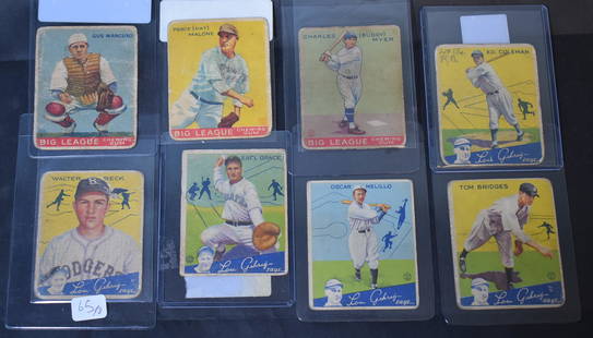 1933-34 Goudey Cards (8): Chewing gum cards for Walter Beck, Earl Grace, Oscar Melillo, Tom Bridges, Gus Mancuso, Perce Malone, Charles Myer, and Ed Coleman