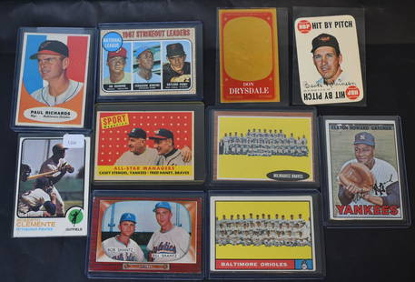 1955-1973 Lot of Vintage Baseball Cards (10): Includes Roberto Clemente, Shantz Brothers, Topps Sixth Series checklist card, 1960 Orioles team card, 1961 Braves team card, Elston Howard, 1967 Strikeout Leaders card, Paul Richards, Don Drysdale, a