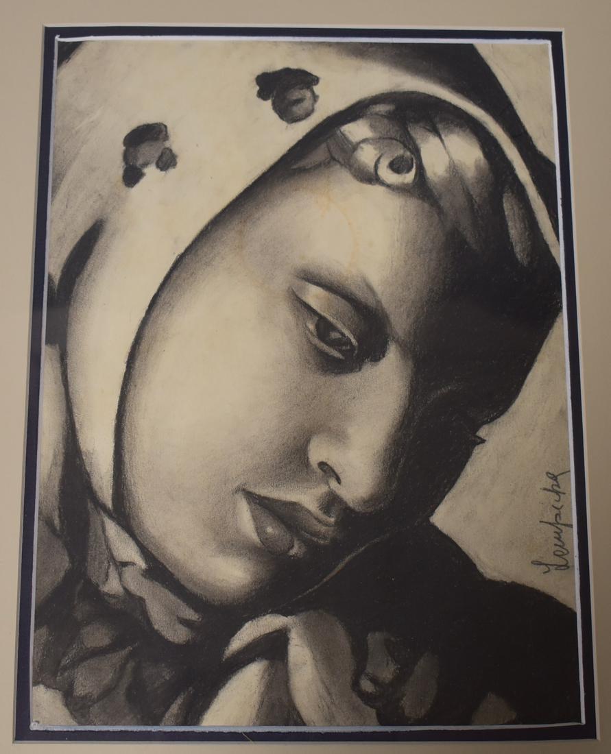 de Lempicka. Charcoal. Portrait. Signed: Portrait of a woman. Signed. 9.5" x 12"