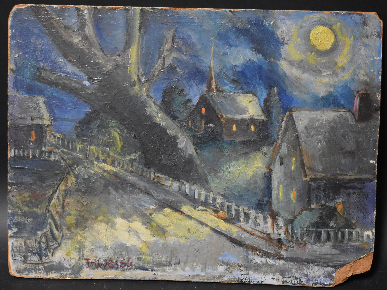 Oil on Board. J. A. Weiss. 1930's Am.: School of Albert Pinkham Ryder. Break lower right corner which does not affect image. 12" H. x 16"W.