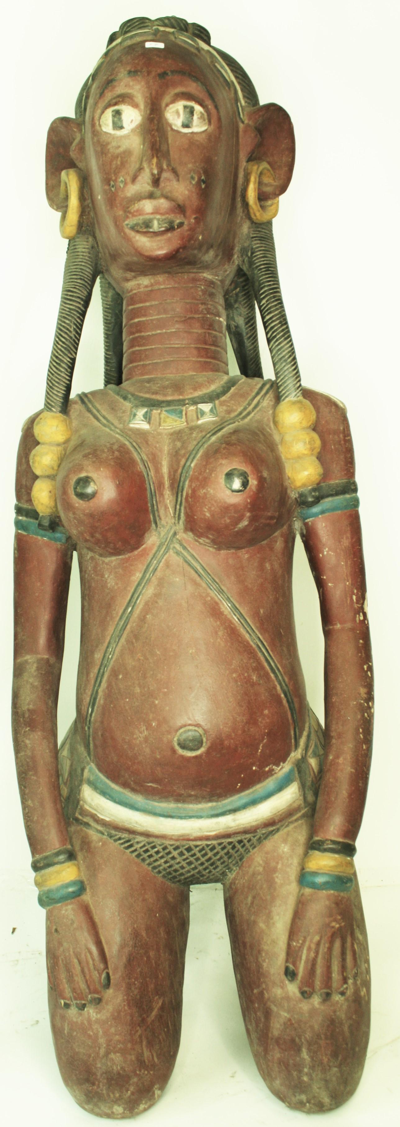 Lg. and Dynamic Female Figure: Likely Nigerian and probably representing a Queen Mother. We suspect restored paint. She with most every feature imagineable. 50 1/2"H
