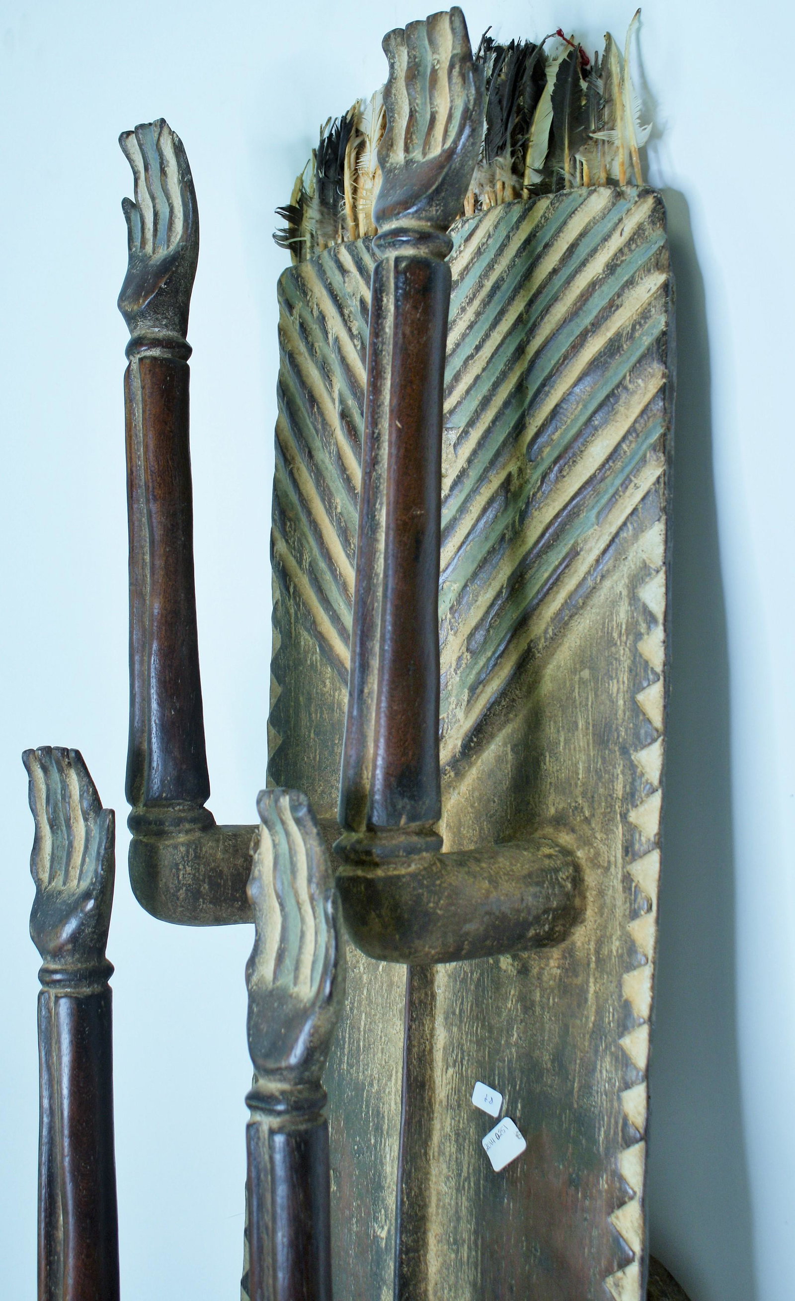 Extraordinary Mystery Mask, Tribal: Perhaps Pende. Beyond that we leave it up to you Exceptional carving. Completely original inclucing feathered crown. Likely Northern Nigeria. 43"H.