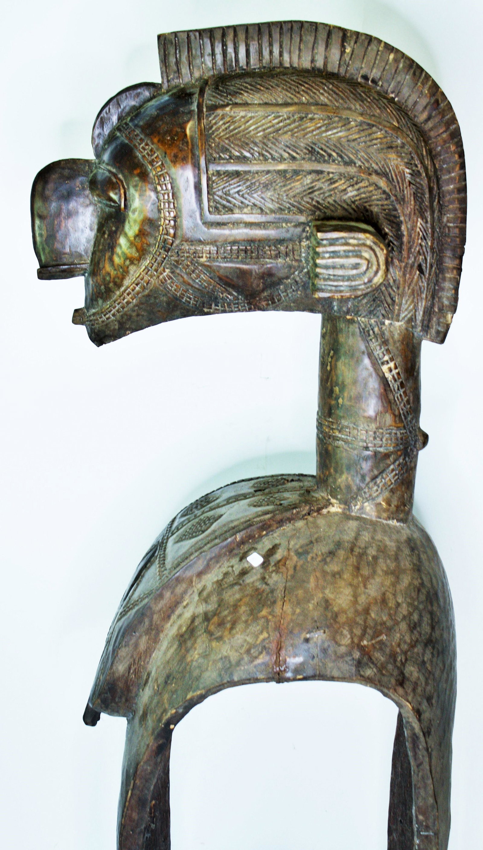 Important Example, Baga Shoulder Mask: Cameroon. Baga Nimba Shoulder Mask. Fine and expressive one comparable to the one in the Louvre and in a few other strong museums.Of course, one of the prides of the museum. Strong age and conition. 4