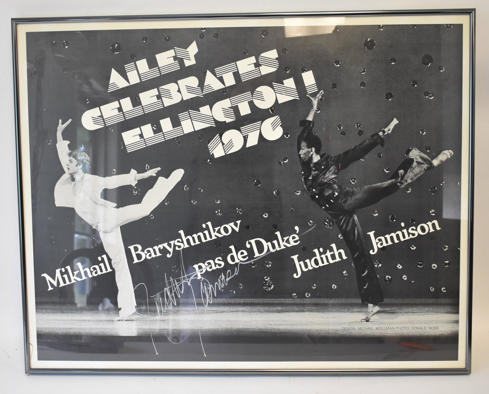 Vintage 1976 Ailey Celebrates Ellington Poster: Framed poster. Featuring Mikhail Baryshnikov and Judith Jamison. Autographed by Ms. Jamison; 23.25in. X 29.25in.