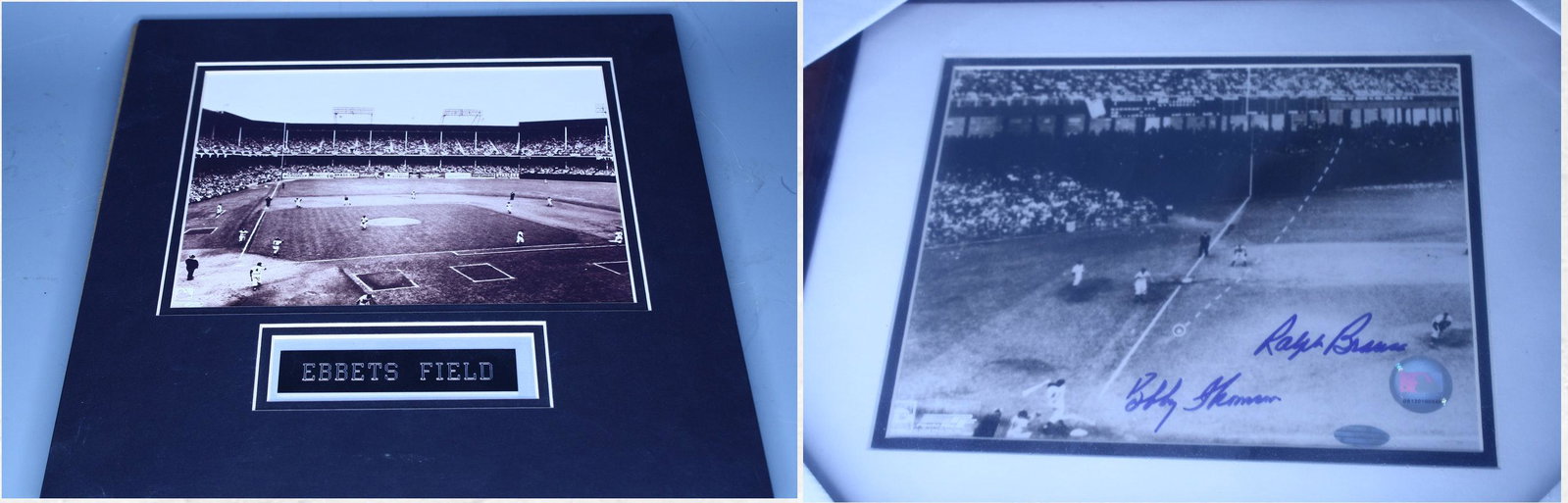 Two(2) Baseball Photographs: Including: Steiner Sports autographed photo - Ralph Branca, Bobby Thomson, COA; Ebbetts Field; 8 x 10 photographs;