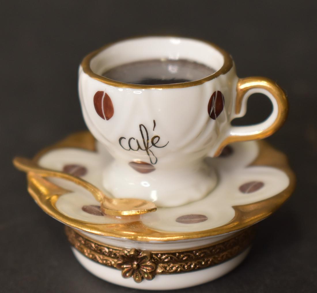 Limoges Box. Tea Cup, Saucer, Spoon: Hand Painted. 1.5"H,