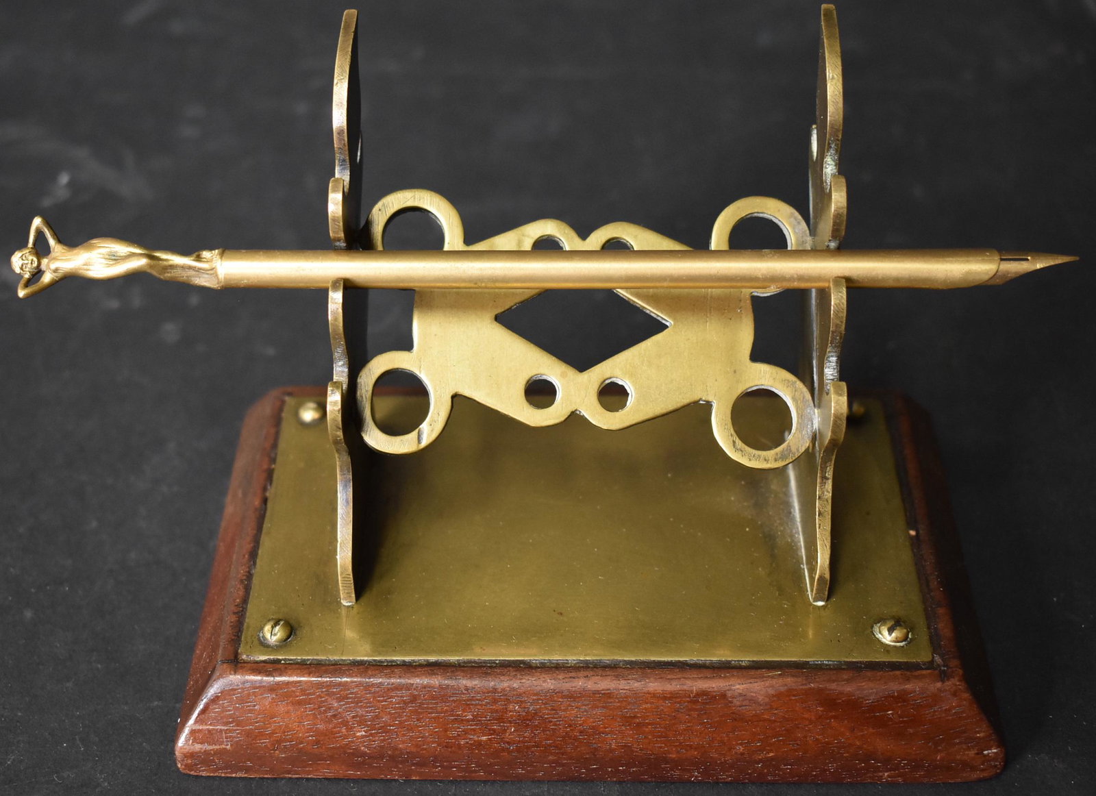 Unusual Brass Desk Pen Holder: The ink pen has a standing Art Nouveau nude as a finial 4 1/2"H x 6"W