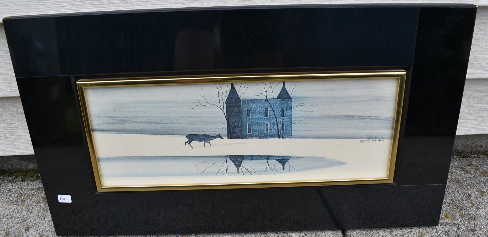P. Buckley Moss. Ltd. Ed. Litho: Sgd. L.R. in pencil P. Buckley Moss and numbered 69/1000. Heavy black glass frame. 6"h. X 15 1/4"w 1/2"W (Litho ) and 12 1/2"H. x 22"W