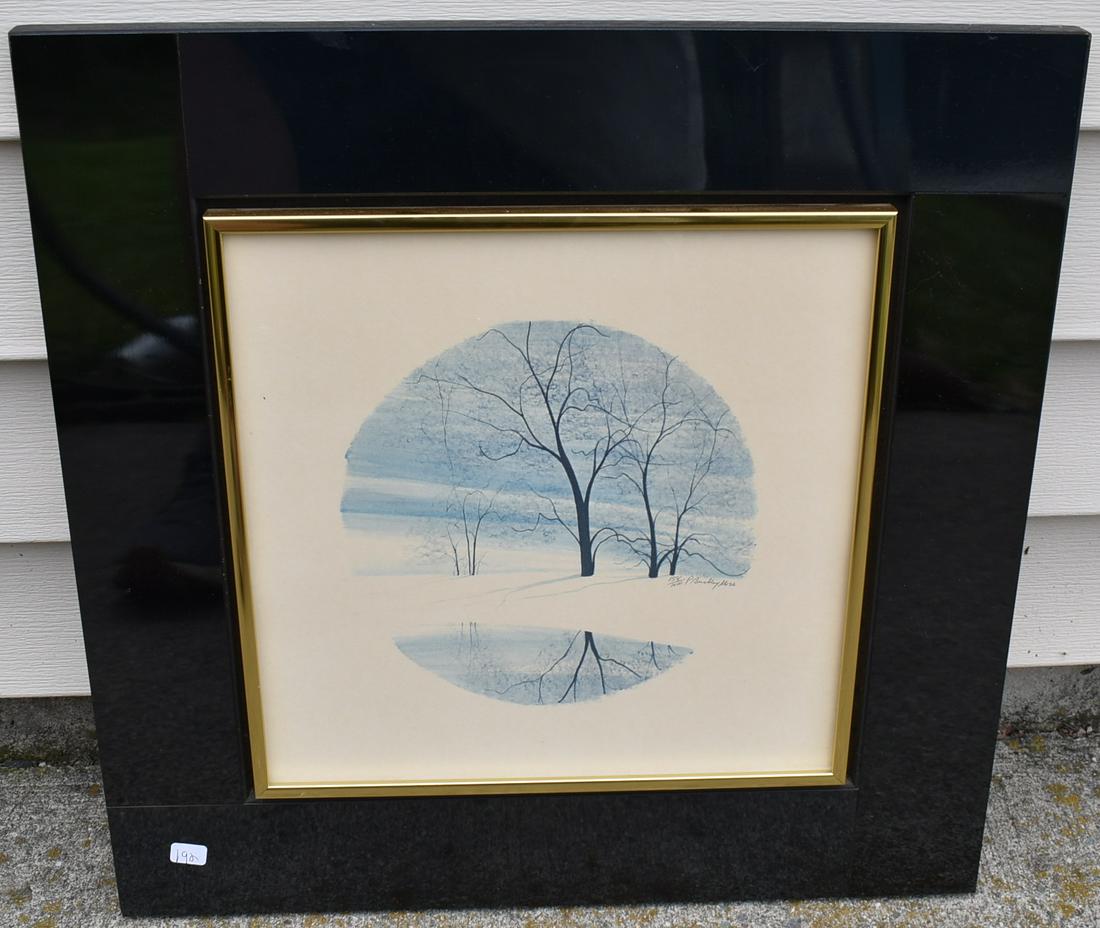 P. Buckley Moss Ltd. Ed Litho: Sgd. L.R. in pencil P. Buckley Moss and numbered 158/1000. Heavy black glass frame. 12" h. X 12"w (Litho ) and 18 1/2" square