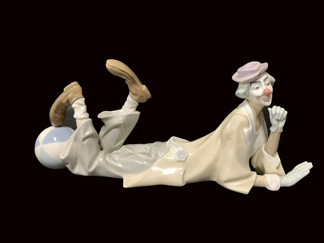 Lladro Porcelain Grouping Signed: Reclining Clown with Beach Ball # 4618 6.5"H x 15"W