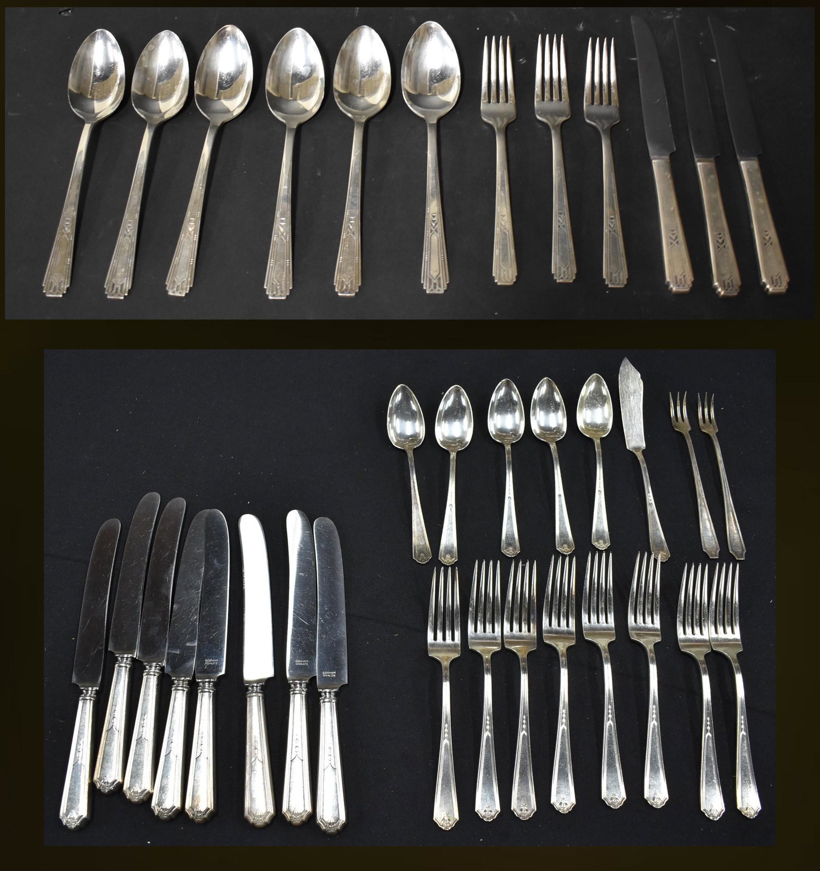 Antique Silverplate Flatware: Includes six large spoons, three forks, three knives. Art Deco pattern unidentified Also included is another pattern by Gorham which consist of five spoons, eight knives, one butetr knife and eight fo
