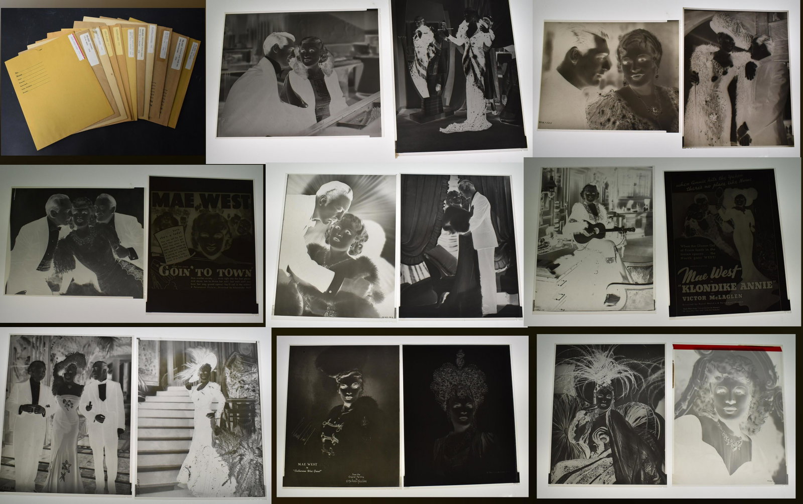 Mae West Original Movie Negatives (30): "Night After Night", 1932; Portrait, "I'm No Angel", 1933 (2); "She Done Him Wrong", 1933 (3); "Goin' To Town", 1935 (3); w/ Warren William, "Go West, Young Man", 1936 (3); "Klondyke Annie", 1936 (3);