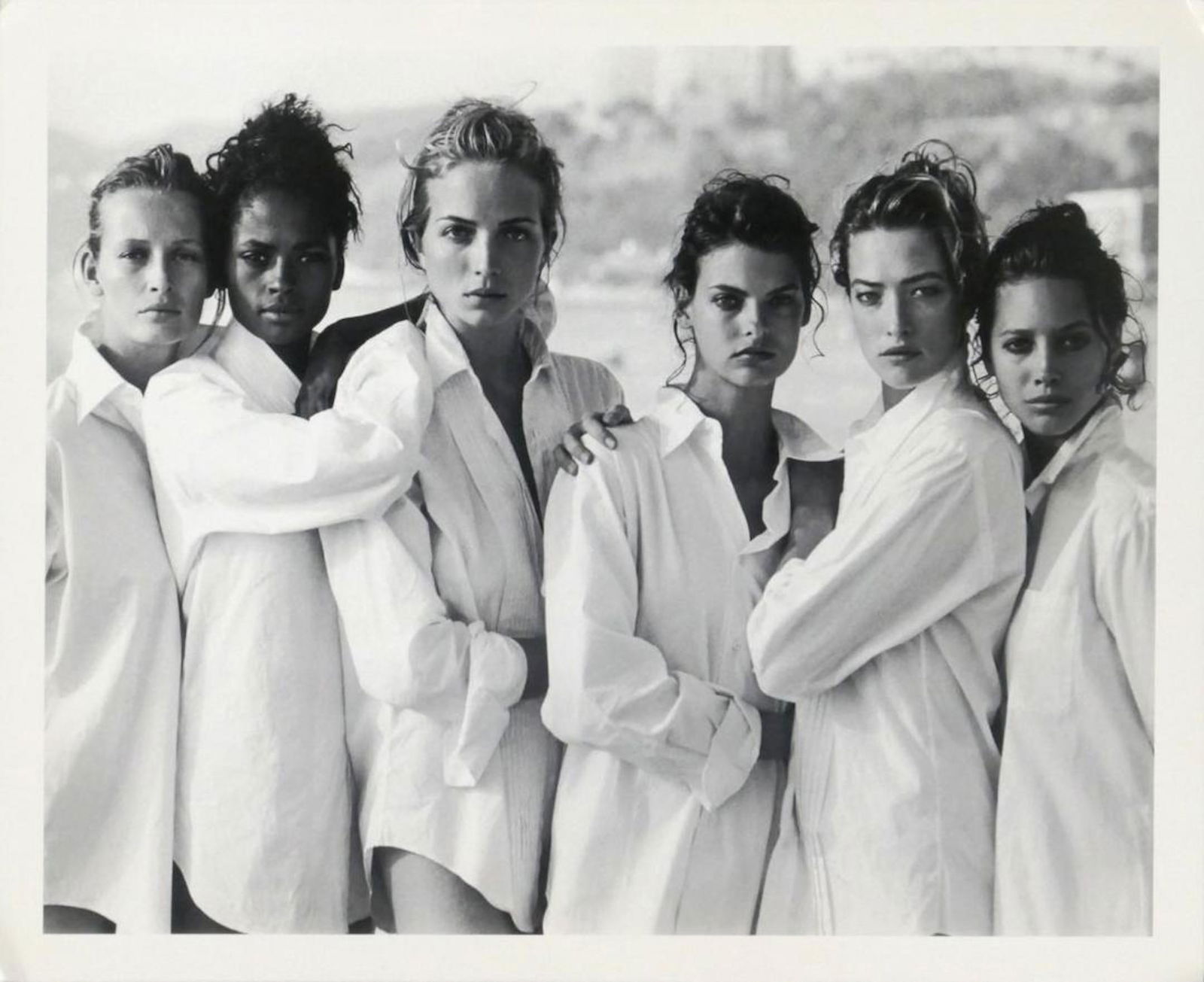 Peter Lindbergh Supermodels Fashion Photo: Estelle, Karen, Rachel, Linda,Tatjana, Christy, measures "11 x 9", inner size, 10"x 8". Photograph has white border. Taken in 1988, this print dated 1997. It comes stamped by the photographer with oth