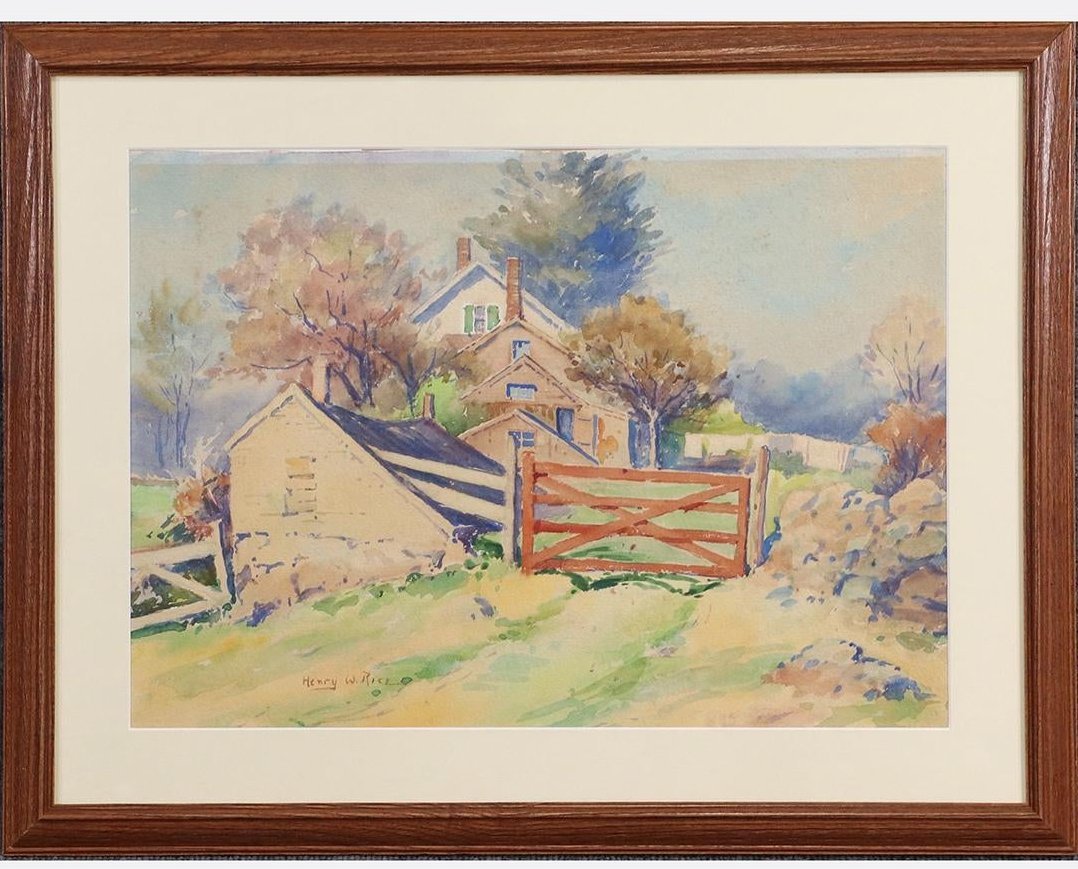 Henry W. Rice; American Watercolor Ogunquit Farm Signed: Watercolor on paper. Ogunquit Farm. Signed lower left. Titled and inscribed on backing; 14in. X 19.5in.(image), 20in. X 25.5in.(overall)